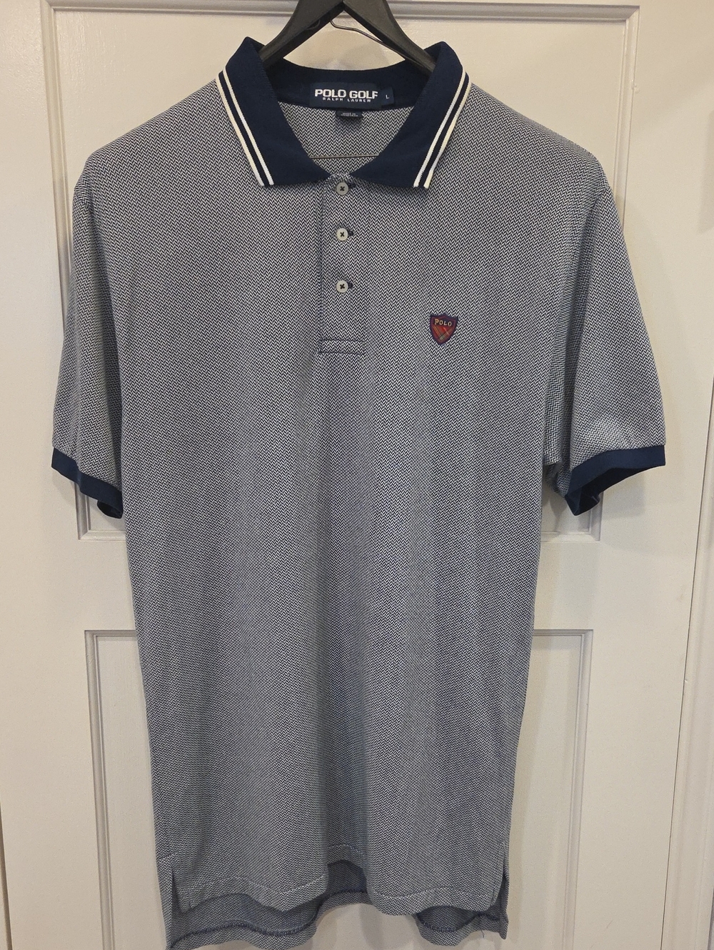 Polo Golf Men's VTG 100% Nylon Blue Herrigbone Polo Shirt Contrast Collar (L)